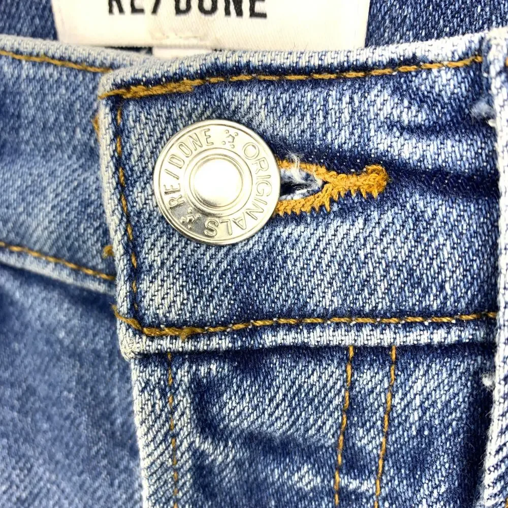 Re/Done 70's Stove Pipe High Rise Straight Jean Womens 24 Medium Wash Distressed